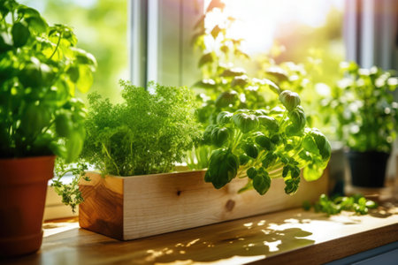 A fresh small culinary herb garden on a sunny windowsill in the kitchen. Generative AI illustrationの素材