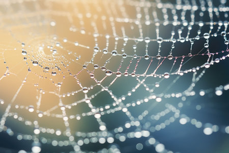 Cobweb natural rain pattern. Spider web adorned with dewdrops that glistened in the morning light. Generative AI illustrationの素材