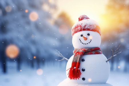 Happy snowman standing in winter christmas landscape. Snowy blurred background. Generative AI illustrationの素材