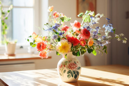 Freshly picked wildflowers in a vase with folk pattern on a kitchen table. Generative AI illustrationの素材