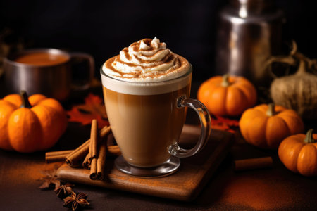A pumpkin spice latte with whipped cream and a sprinkle of cinnamon. Ornamental pumpkins on wooden background. Generative AI illustrationの素材