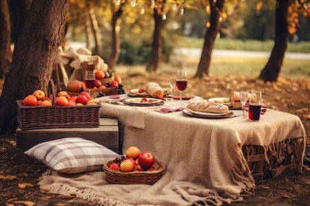 Cozy autumn picnic in the park with sandwiches and a plaid blanket. Generative AI illustrationの素材