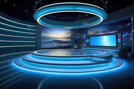 News studio. Television studio with camera and lights. Generative AI illustrationの素材