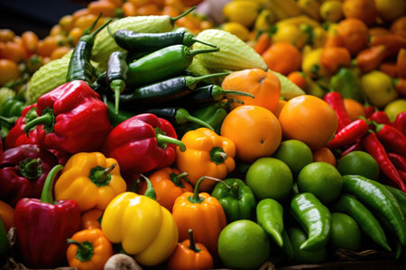 A marketplace with colorful fresh fruits and vegetables piled high. Generative AI illustrationの素材