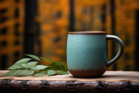 A ceramic mug in a turquoise color with natural wooden background. Generative AI illustrationの素材