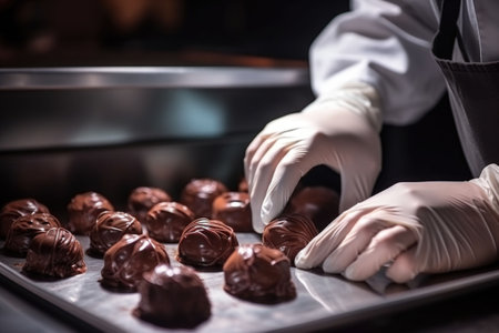 Pastry chef in a gloves makes delicious chocolate candies. Generative AI illustrationの素材
