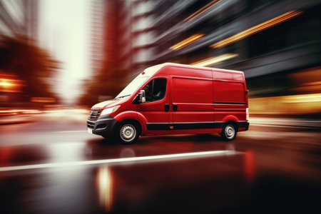 Delivery van driving through the city on a blurred city background. Fast delivery concept. AI generated illustrationの素材