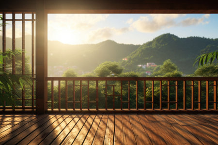 Balcony view of the bamboo forest, blurred mountains in the background. Generative AI illustrationの素材