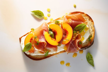 Bruschetta with ham and apricot. Top view. Generative AI illustrationの素材
