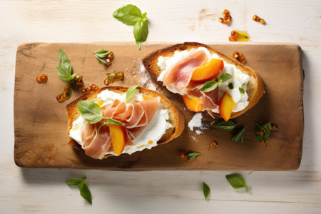 Bruschetta with ham and apricot. Top view. Generative AI illustrationの素材