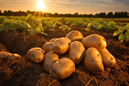 Harvested potatoes in a farm field on brown earth. Concept of food cultivation. AI generated illustrationの素材