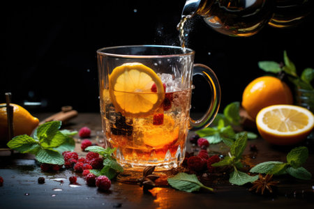Tea in transparent cup with mint, orange and ginger with spices. Generative AI illustrationの素材