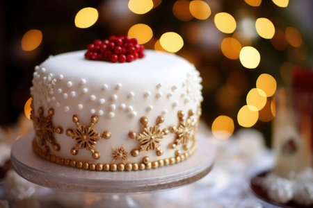 Decorated Christmas cake complete with intricate frosting design. Generative AI illustrationの素材