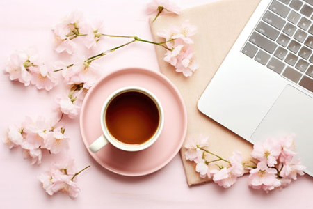 Stylish flat lay composition featuring a cup of coffee, flowers and laptop on pastel pink background. Generative AI illustrationの素材