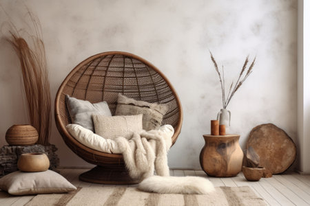 Cozy curved chair with pillows in boho interior with light colors. Studio apartment with natural materials. Generative AI illustrationの素材