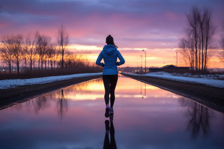 Woman running at dusk. Athlete woman on cold run jogging fast. Generative AI illustrationの素材
