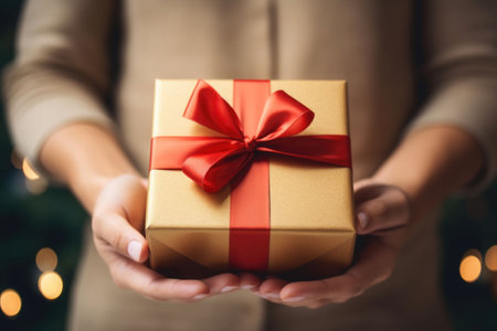 Woman holds gift box with red ribbon. Blurred bokeh background. Generative AI illustrationの素材