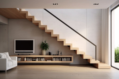 Wooden stairway leading to second floor of modern luxury apartment with minimalist interior design. AI generated illustrationの素材