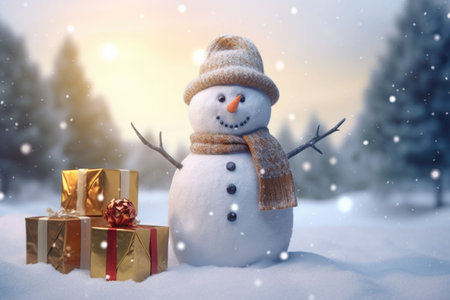 Snowman surrounding with gift boxes on snowy background. Generative AI illustrationの素材