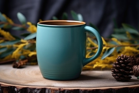 A ceramic mug in a turquoise color with natural wooden background. Generative AI illustrationの素材