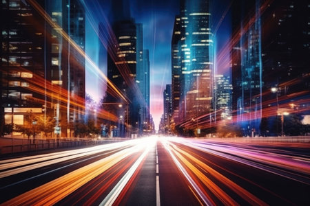 Abstract motion blur city. Colored halation from car beam and traffic light. Night traffic light trails in the city. Generative AI illustrationの素材
