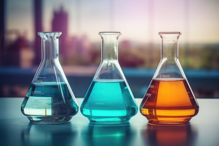 Flasks with colorful reagents in laboratory. Laboratory diagnostics. Generative AI illustrationの素材
