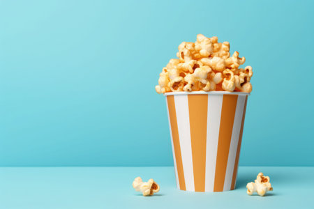 Caramel coated popcorn on a blue background. Generative AI illustrationの素材