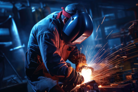 Worker welder performs arc welding in factories. Generative AI illustrationの素材