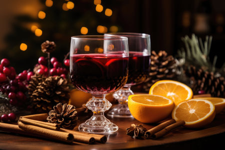 Mulled red wine with spices and citrus fruits. Traditional hot drink at Christmas time. Generative AI illustrationの素材