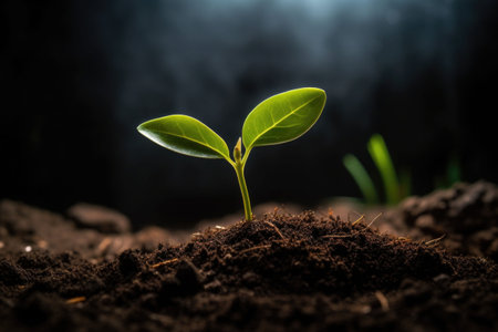 The seedling are growing in the soil with sunrise. Generative AI illustrationの素材