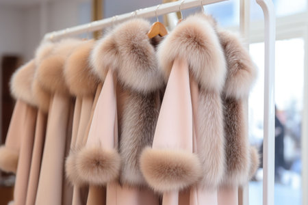Women's fashion coats with fur at the store. Outer clothing for ladies on hangers at the shop. Generative AI illustrationの素材