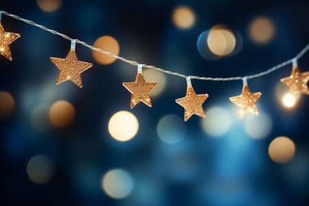 Christmas golden stars lights string hanging on blue bokeh background. Generative AI illustrationの素材