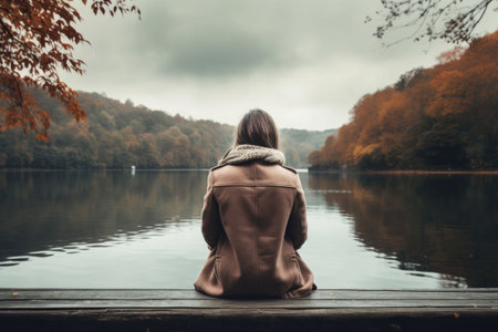 Woman in jacket sitting on the small bridge with a view on beautiful lake, back view. Generative AI illustrationの素材