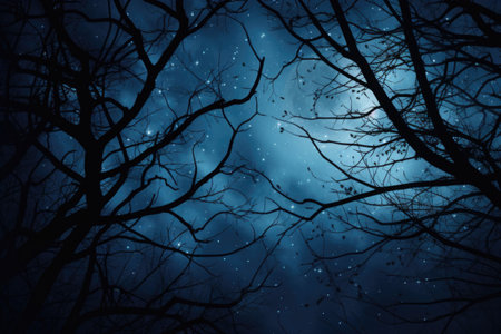 Night dark sky with full moon and branches. Tree branches in the moonlight on a dark background. Generative AI illustrationの素材