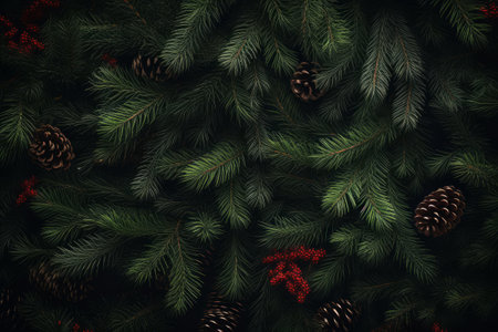 Fir tree branches background. Christmas wallpaper concept. Generative AI illustrationの素材