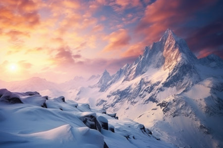 Amazing morning winter landscape with mountains. Generative AI illustrationの素材