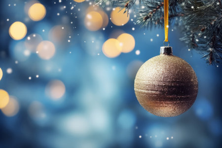 Christmas ball nangs on fir branch with bokeh lights on blue abstract background . Generative AI illustrationの素材