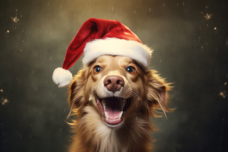 Cheerful dog is sitting in Santa Claus hat. Generative AI illustrationの素材