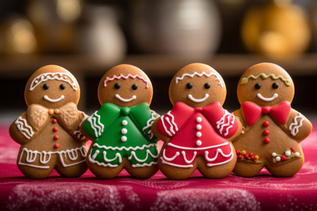 Homemade gingerbread cookies. Gingerbread man cookies in Christmas setting. Generative AI illustrationの素材