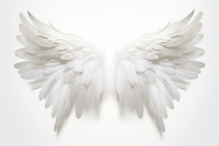 White angel wings spread wide opened with detailed feathers. Generative AI illustrationの素材