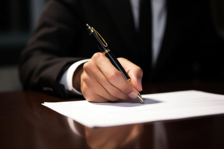Man's hand signing a major financial contract with luxury pens. Male client putting signature at document in office. Generative AI illustrationの素材