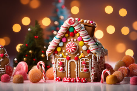 Homemade gingerbread house with Christmas tree lights in the background. Generative AI illustrationの素材