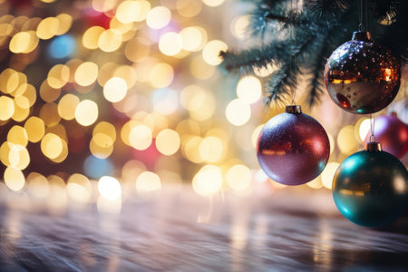 Christmas tree with bauble on blurred shiny background. Generative AI illustrationの素材