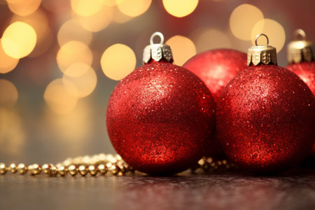 Red glossy Christmas baubles. New Year greeting card on blurred lights background. Generative AI illustrationの素材