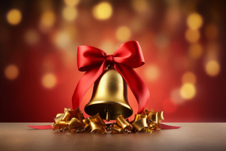 Christmas bell with red ribbon and blurred lights background. Generative AI illustrationの素材
