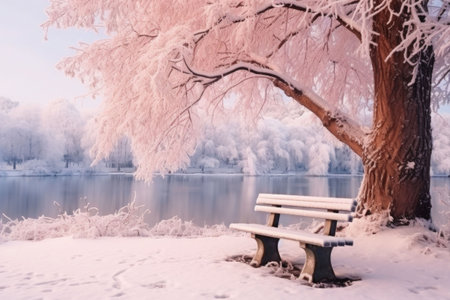 Bench in the city snow covered winter park with a lake and beautiful trees in frost in morning. Generative AI illustrationの素材