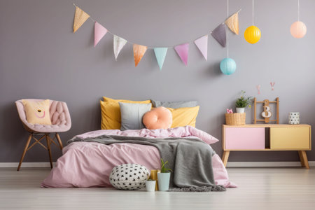 Cheerful kids bedroom with comfortable bed and desk decorated in a pastel colors. Generative AI illustrationの素材