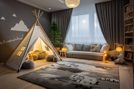 Cozy kids room interior with grey plush carpet, toys and small tent. Generative AI illustrationの素材