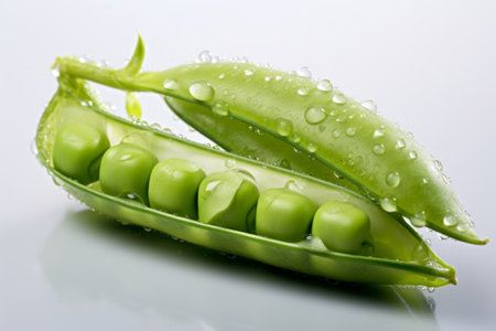 Fresh green peas. Ripe pods of green peas with water drops. Generative AI illustrationの素材