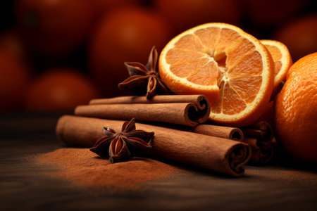 Cinnamon sticks, cloves, anise stars and citrus on dark background. Generative AI illustrationの素材